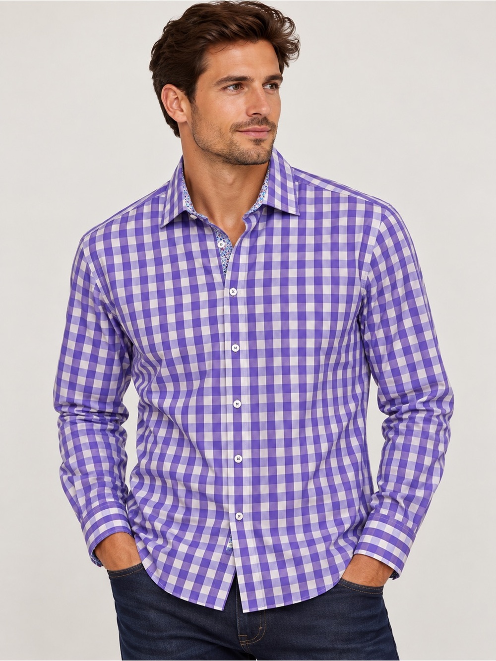 Bugatchi Men's Shaped Fit Gingham Cotton Button Down in Purple and White XL
